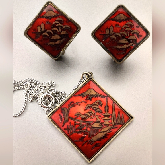 Vintage Japan Enamel Damascene Style Necklace and Earrings Set - Picture 2 of 15